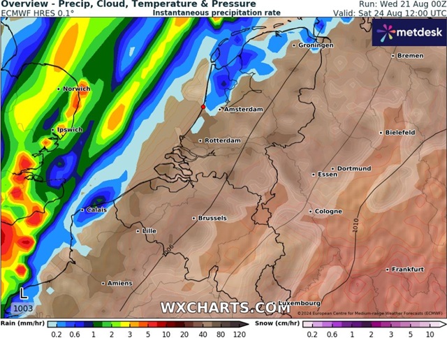 Verwachting volgens ECMWF voor zaterdag 14:00 uur van de Formule 1 race van Nederland 2024